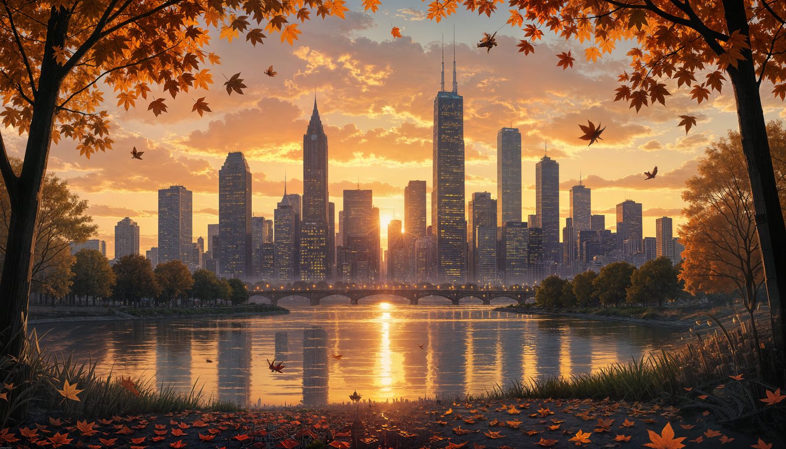 Fantasy Cityscape at Sunset with Falling Leaves