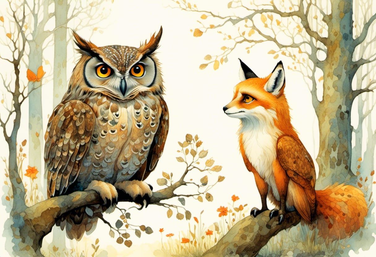 Wise Owl and Sweet Fox Chat in Dewy Meadow