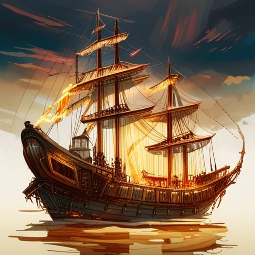 Luminous Pirate Ship Digital Painting with Golden Outlines