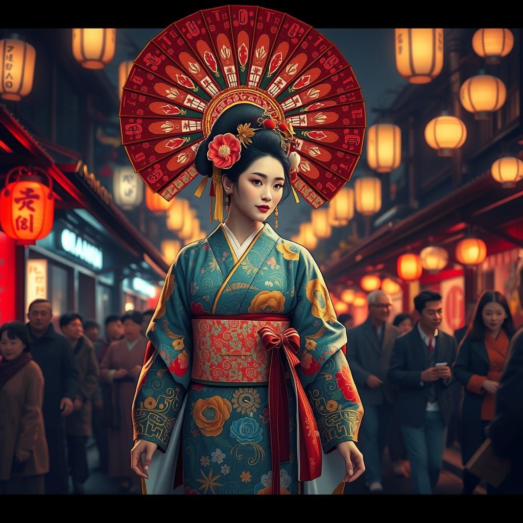 Edo Japan Oiran Walks Lantern-Lit Street in 3D Anime Style