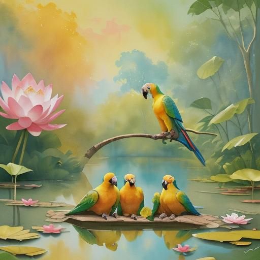 Parrots in Love: Gouache-Style Pond Scene