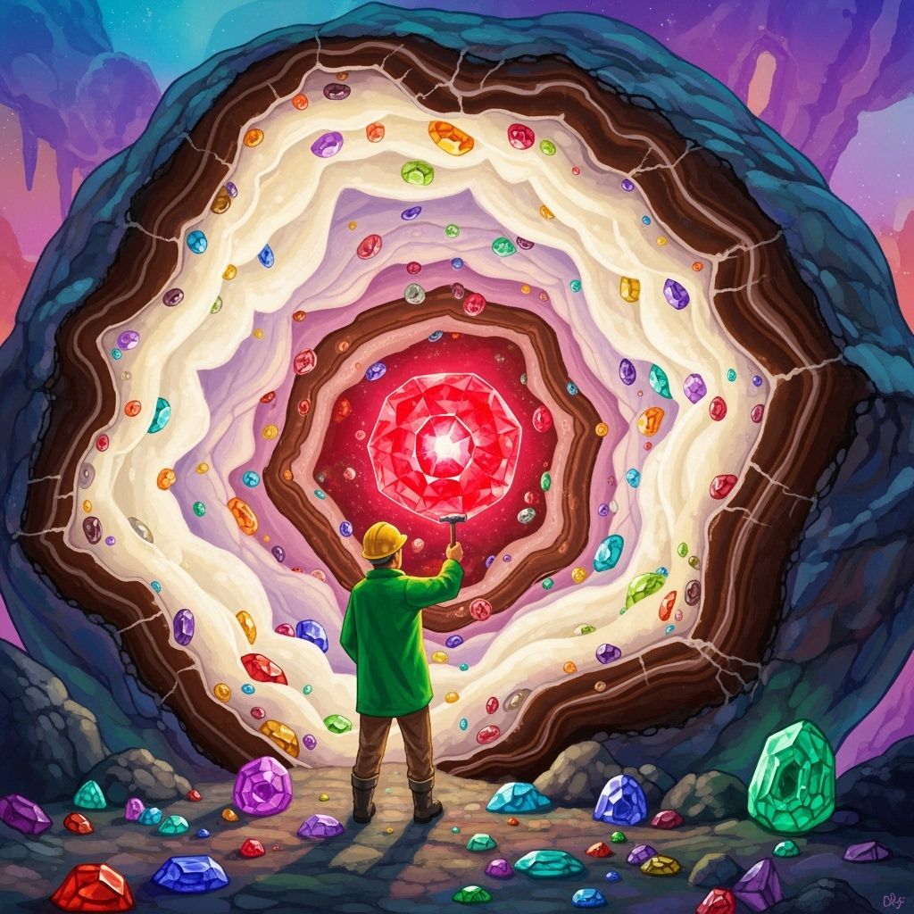 Geologist and Glittering Ruby Crystal in Geode