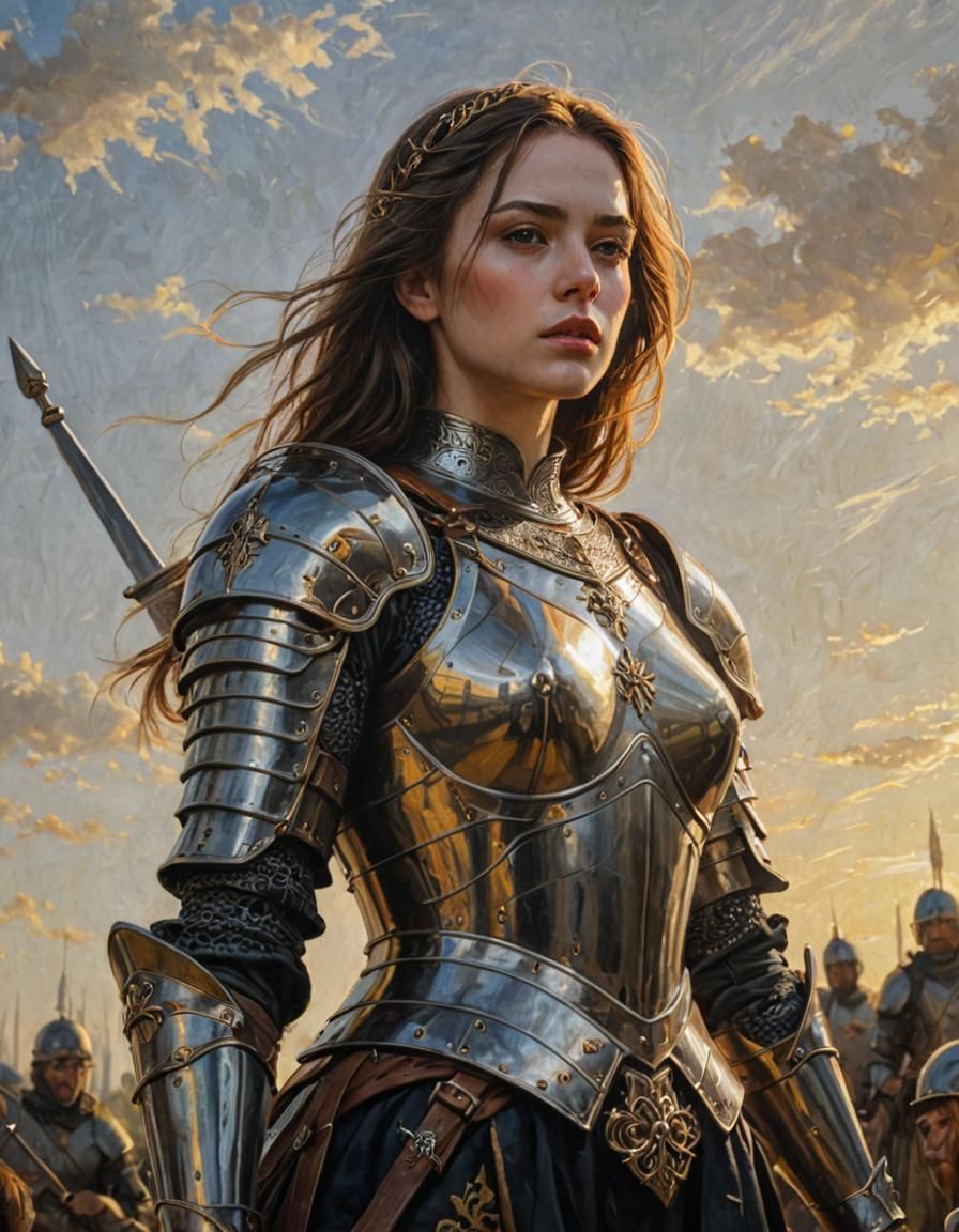 Medieval Maiden Leads Army: Gothic Oil Painting