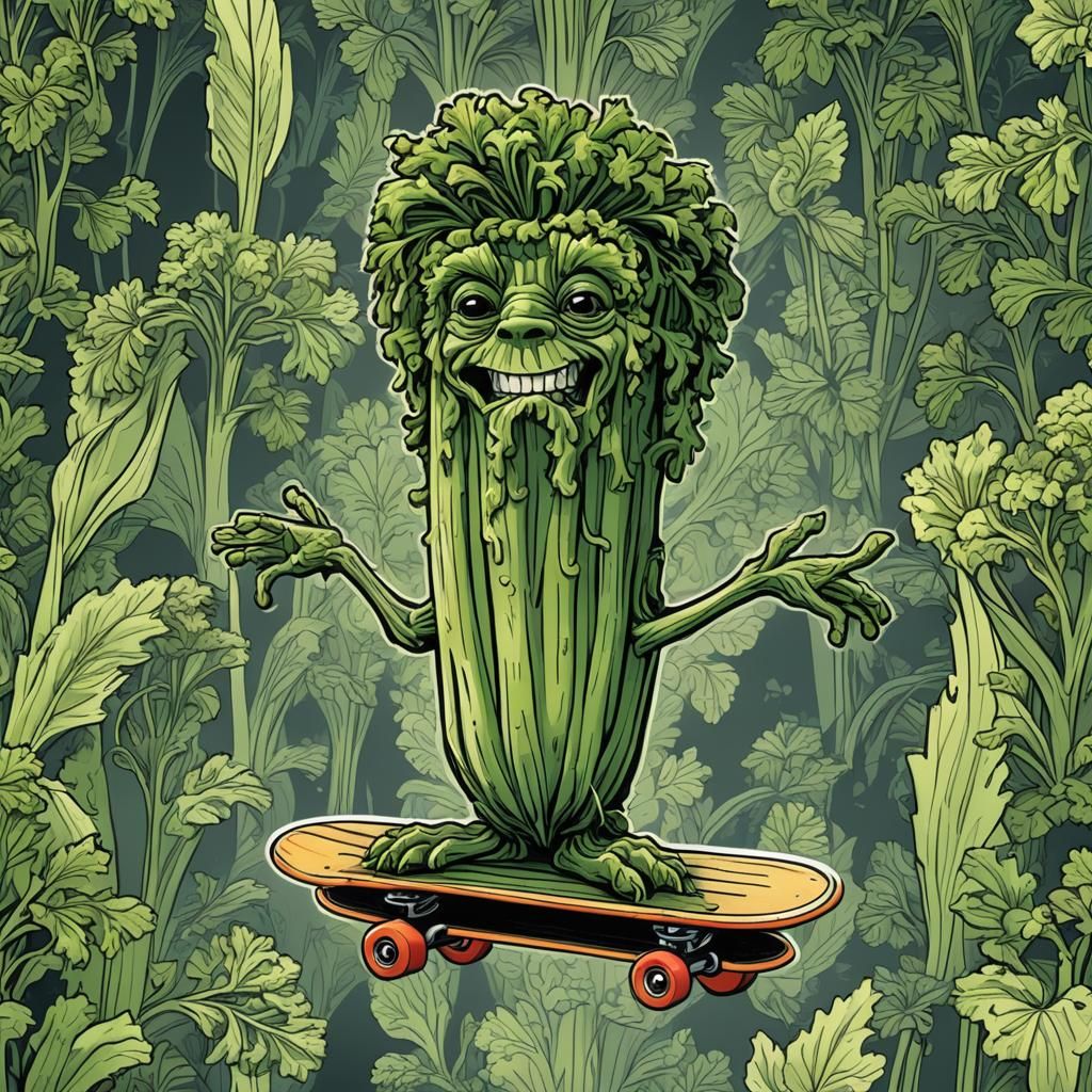 Celery Skateboarder in Comic Book Style