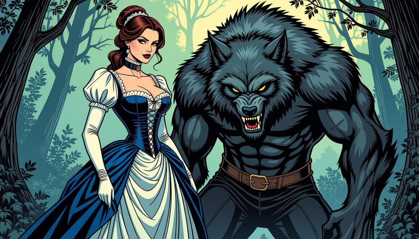 Victorian Woman and Werewolf in Frank Cho Comic Style