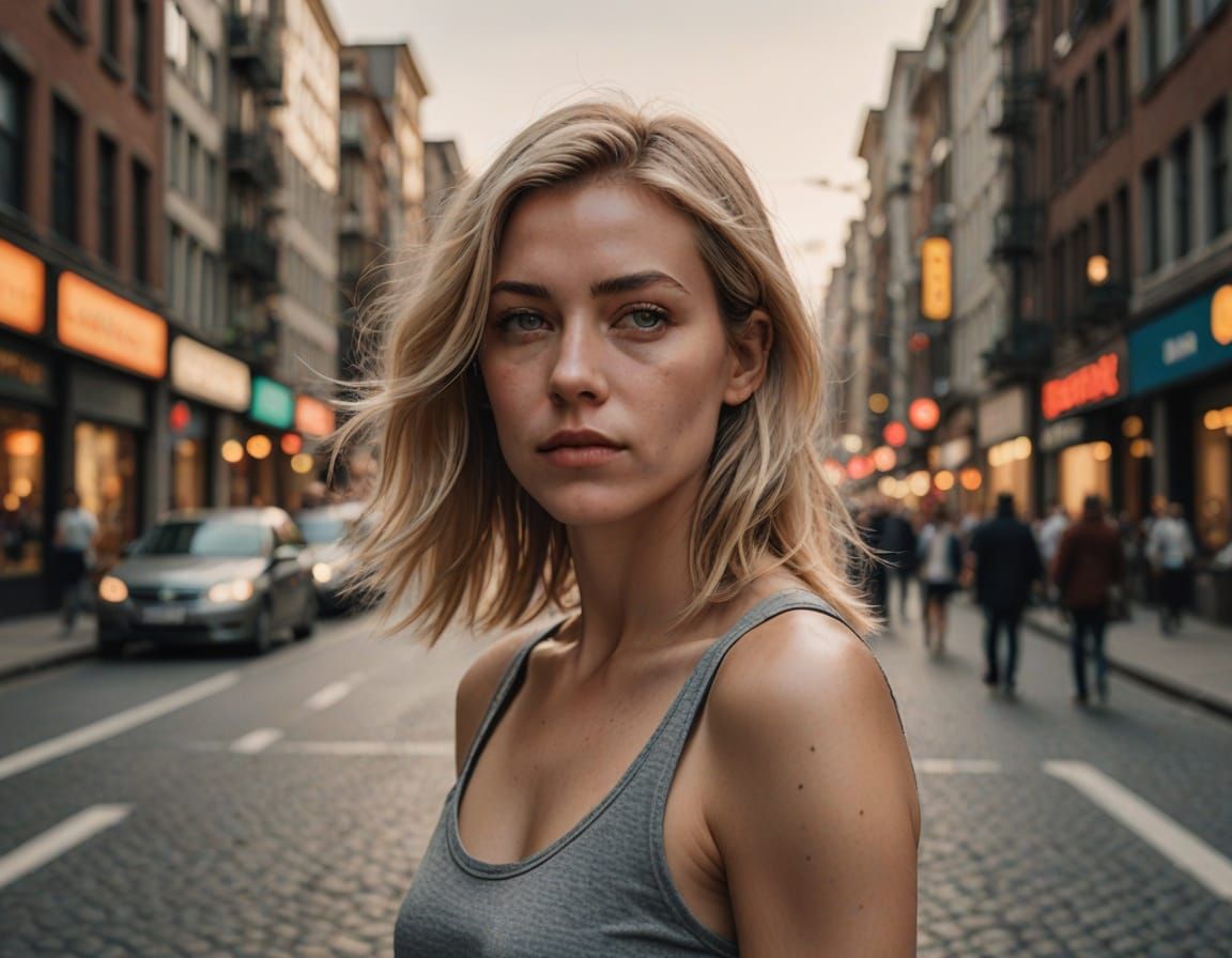 Petite Blonde Woman Contemplates Cityscape