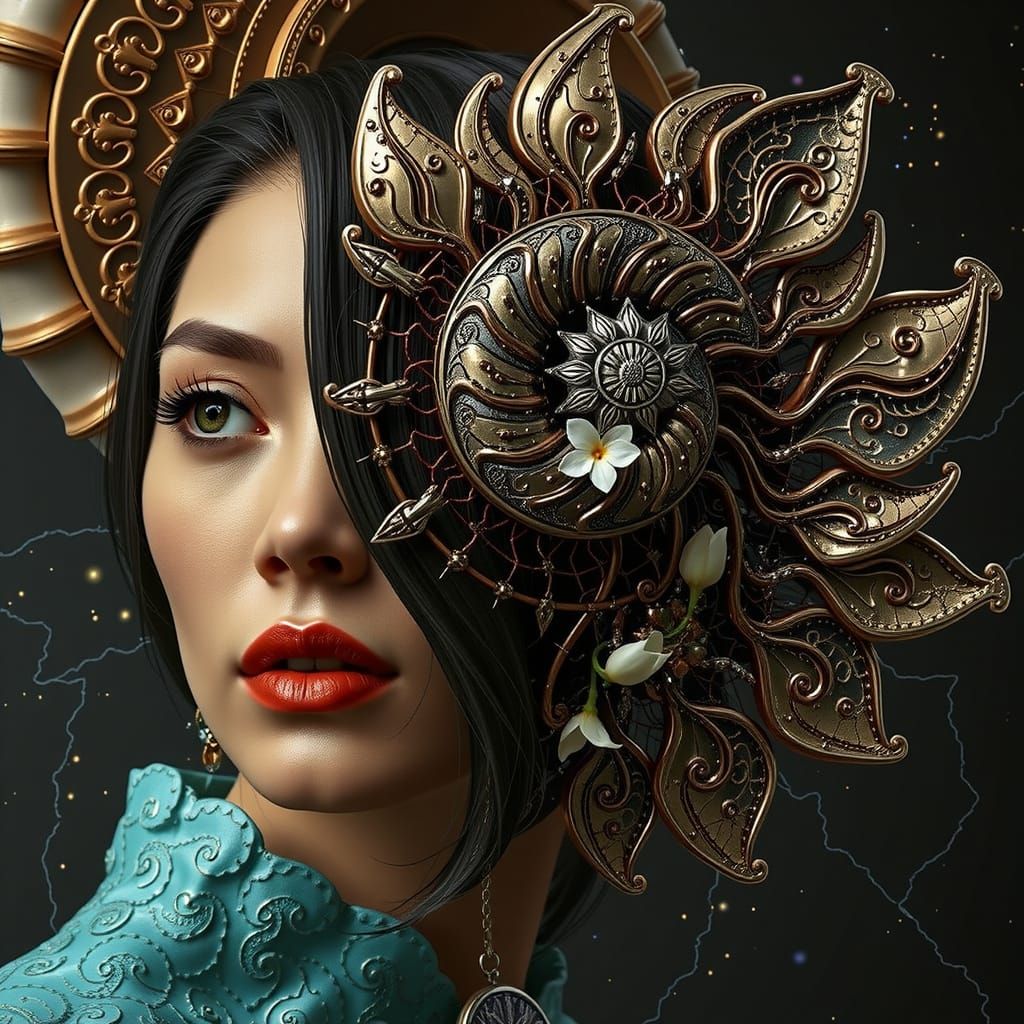 Photorealistic Woman Under Starry Sky With Fractal Patterns