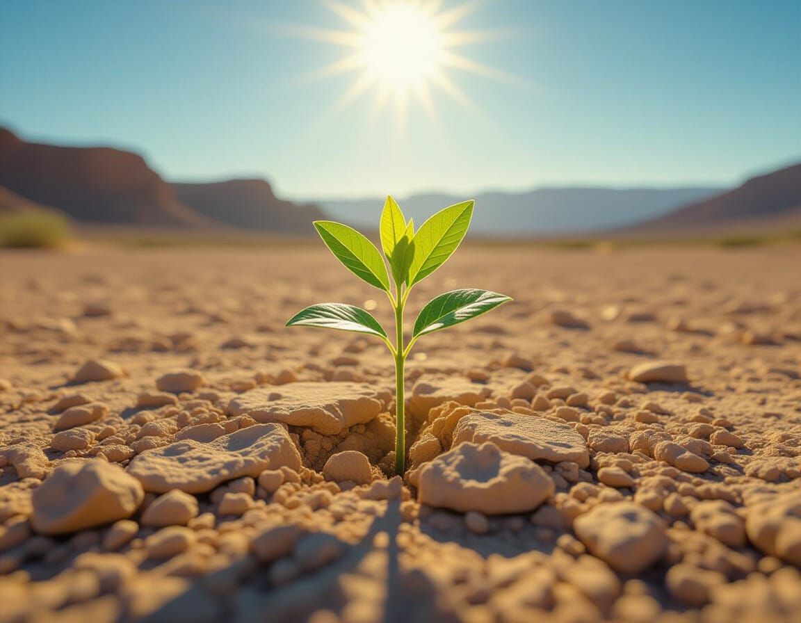 Resilient Sapling in Arid Landscape, Hyperrealistic Style