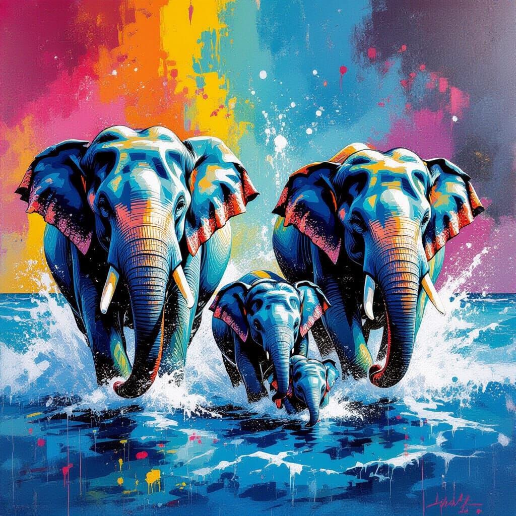 Elephants Swimming in Andaman Sea, Graffiti Art