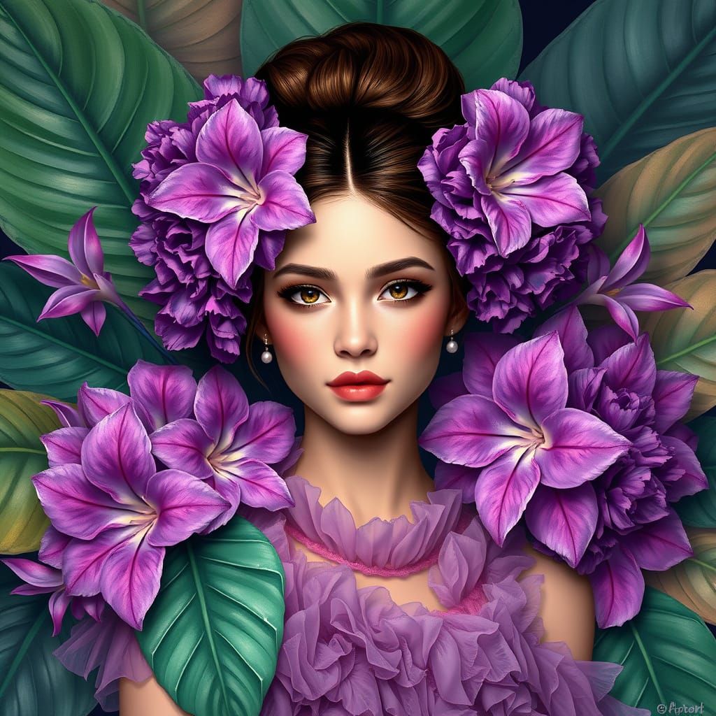 A portrait of a young woman, surrounded by a vibrant bouquet...