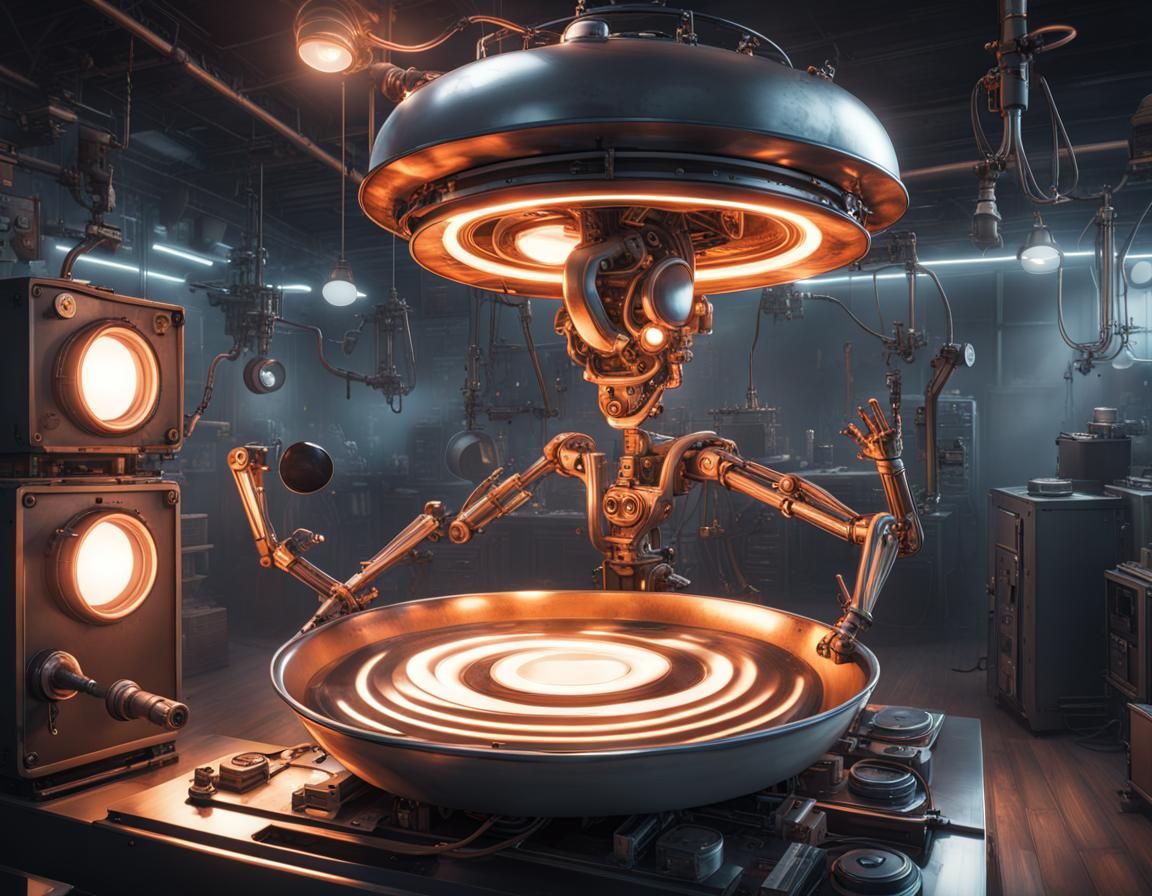 frying pan laughing maniacally, machine like, Techno mechanical, Magewave, Cabincore, Coverflow image cover art, Album c...