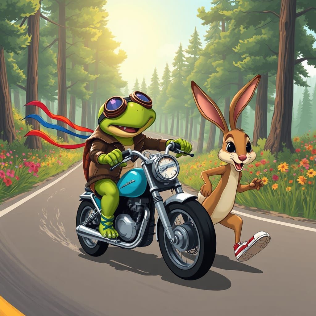 Turtle on Motorcycle Outpaces Hare, Whimsical Illustration