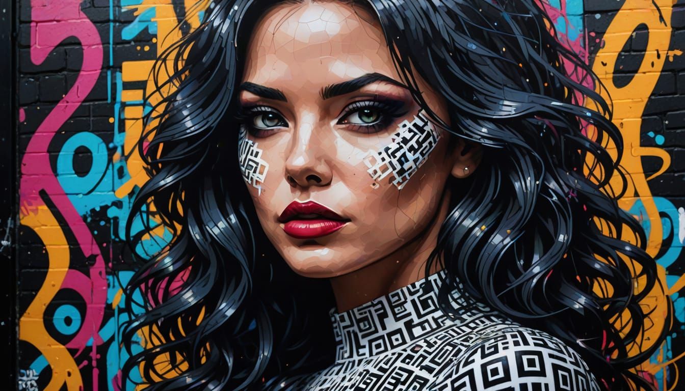 Sultry Femme Fatale Made of QR Code in Vibrant Graffiti Styl...