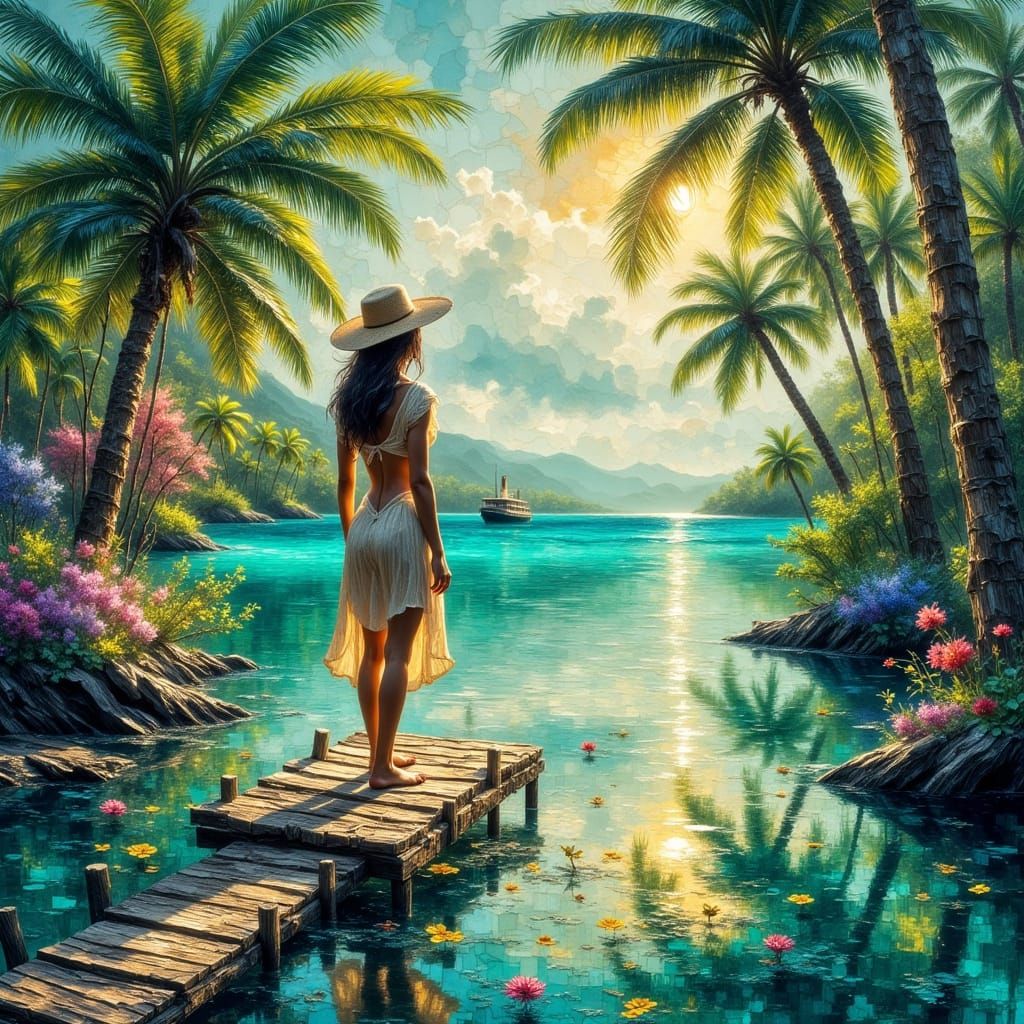 Tranquil Woman Waits for Ship in Tropical Paradise