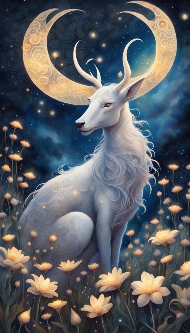 Fantasy Creature in Moonlit Flower Field Painting