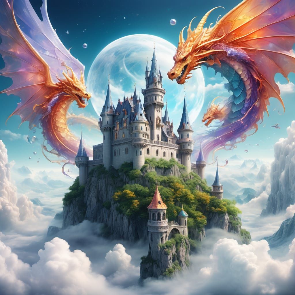 Magical Marble Castle Floating on Clouds with Fairies and Dr...
