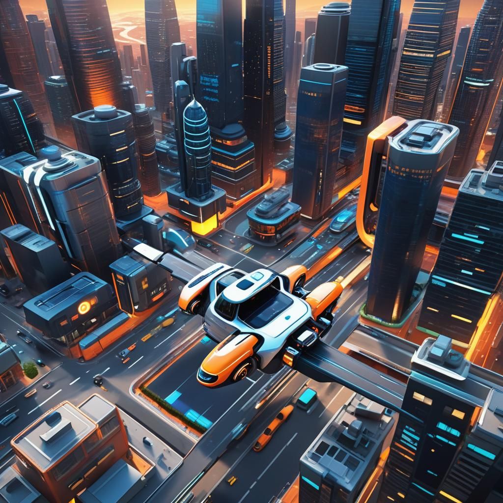 Futuristic Cityscape with Self-Driving Vehicles in Pixar Sty...