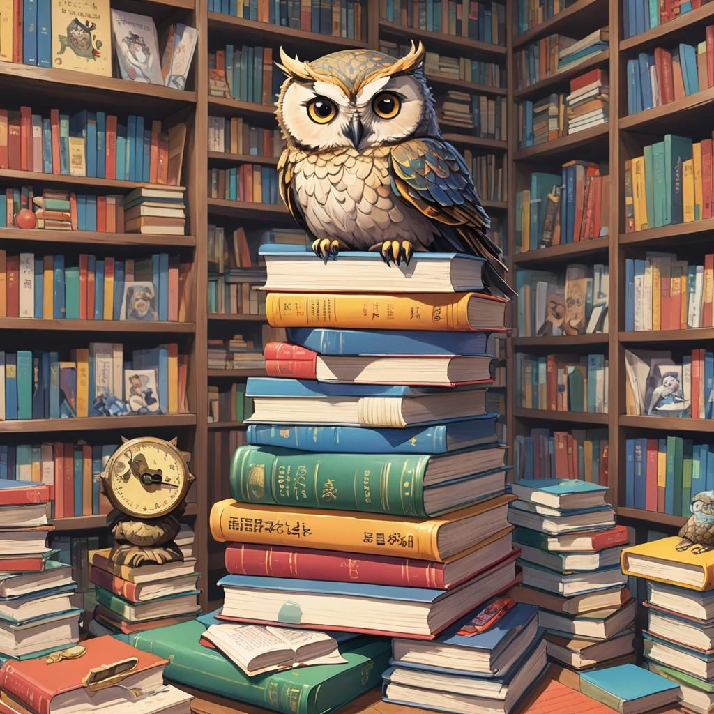 Owl on Books in Anime Key Visual Style