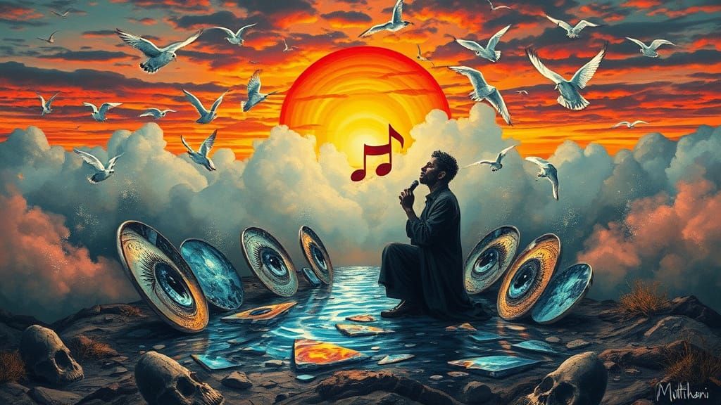 Surreal Musical Landscape with Singing Choir at Sunset