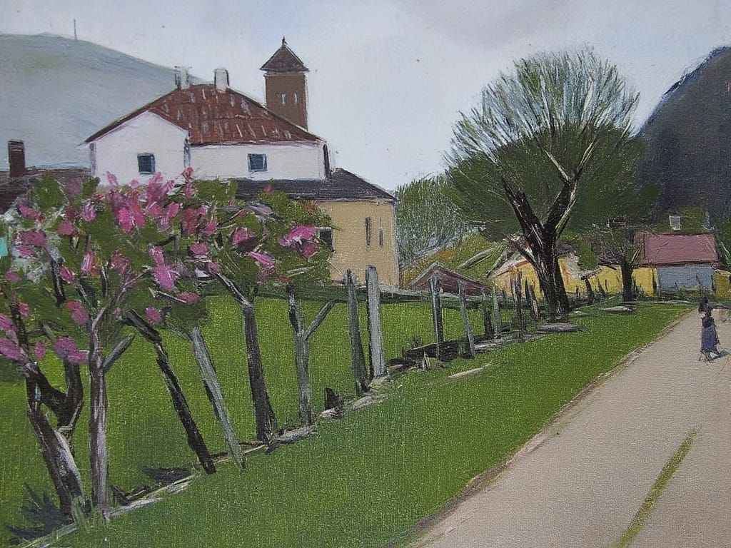 Vibrant Pink Blossom Tree in Whimsical Watercolor Style