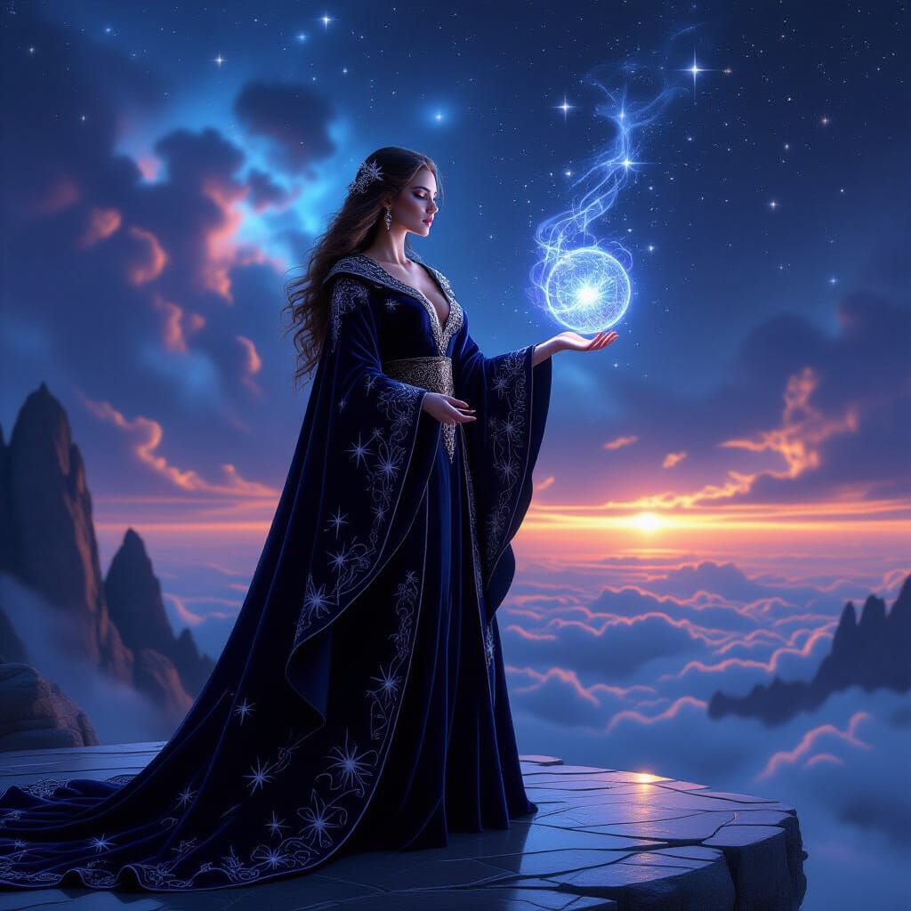 Sorceress Conjures Stardust Nebula in Fantasy Art