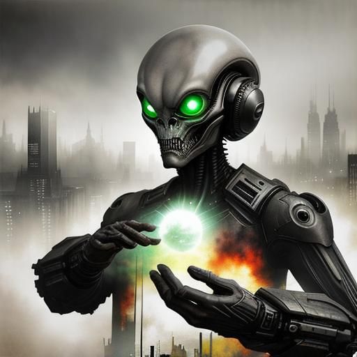 Surreal Alien Creature in Dystopian Cityscape: Double Exposu...