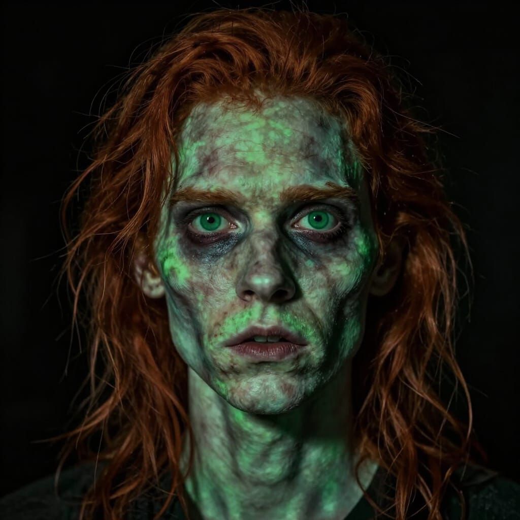 Unsettling Portrait of a Gaunt Ginger Man in Green Light