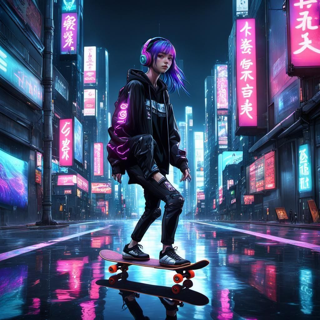 Cyberpunk Goth Girl Skateboarder in Neo-Tokyo