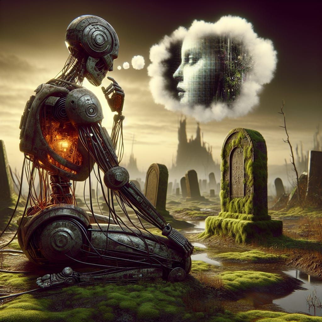 Wasteland Robot Mourns in Post-Apocalyptic Scene