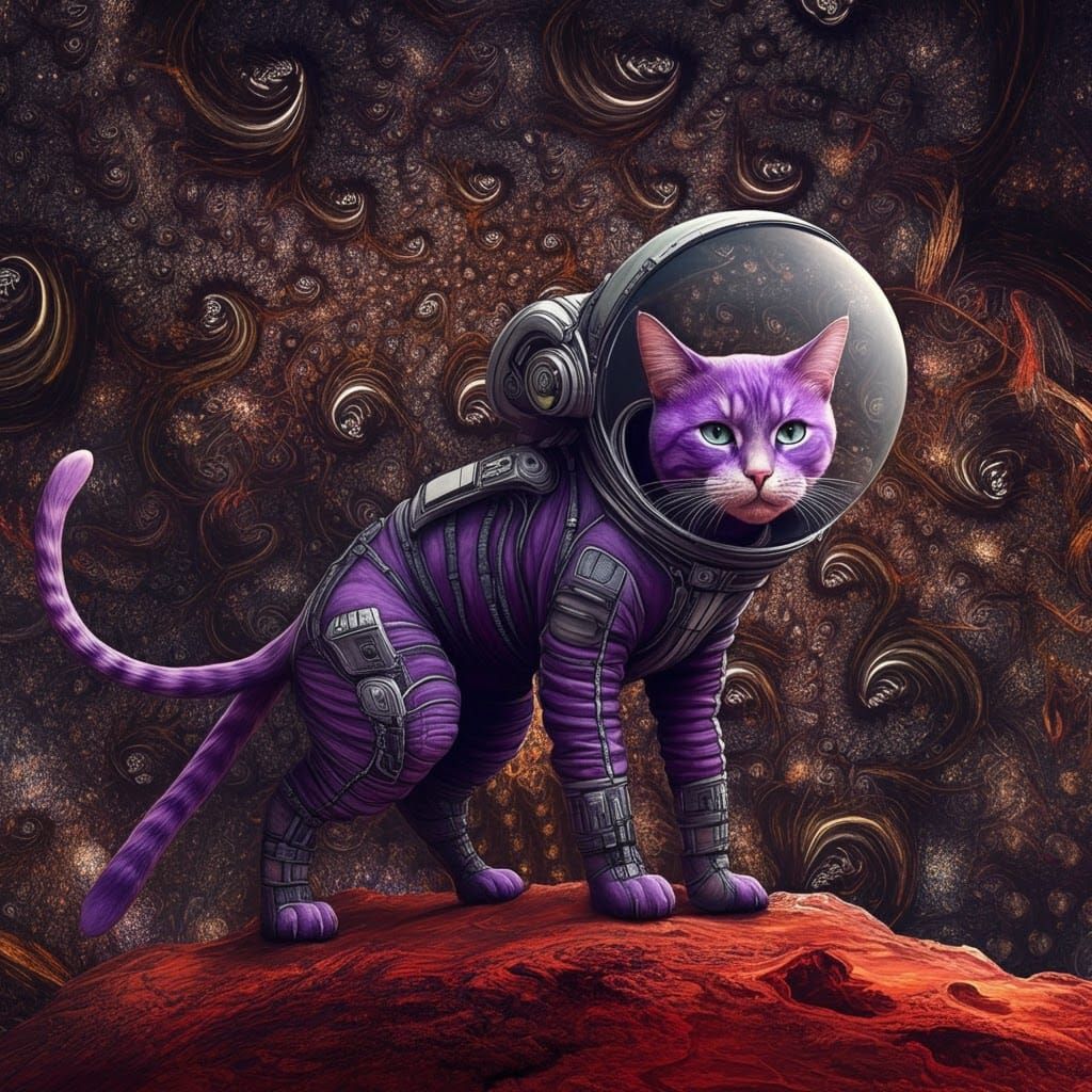 Purple Cat in Space Suit on Mars