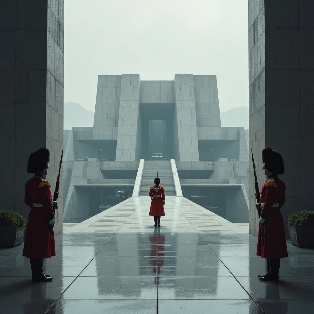 Brutalist Imperial Palace with Distant Atmospheric View