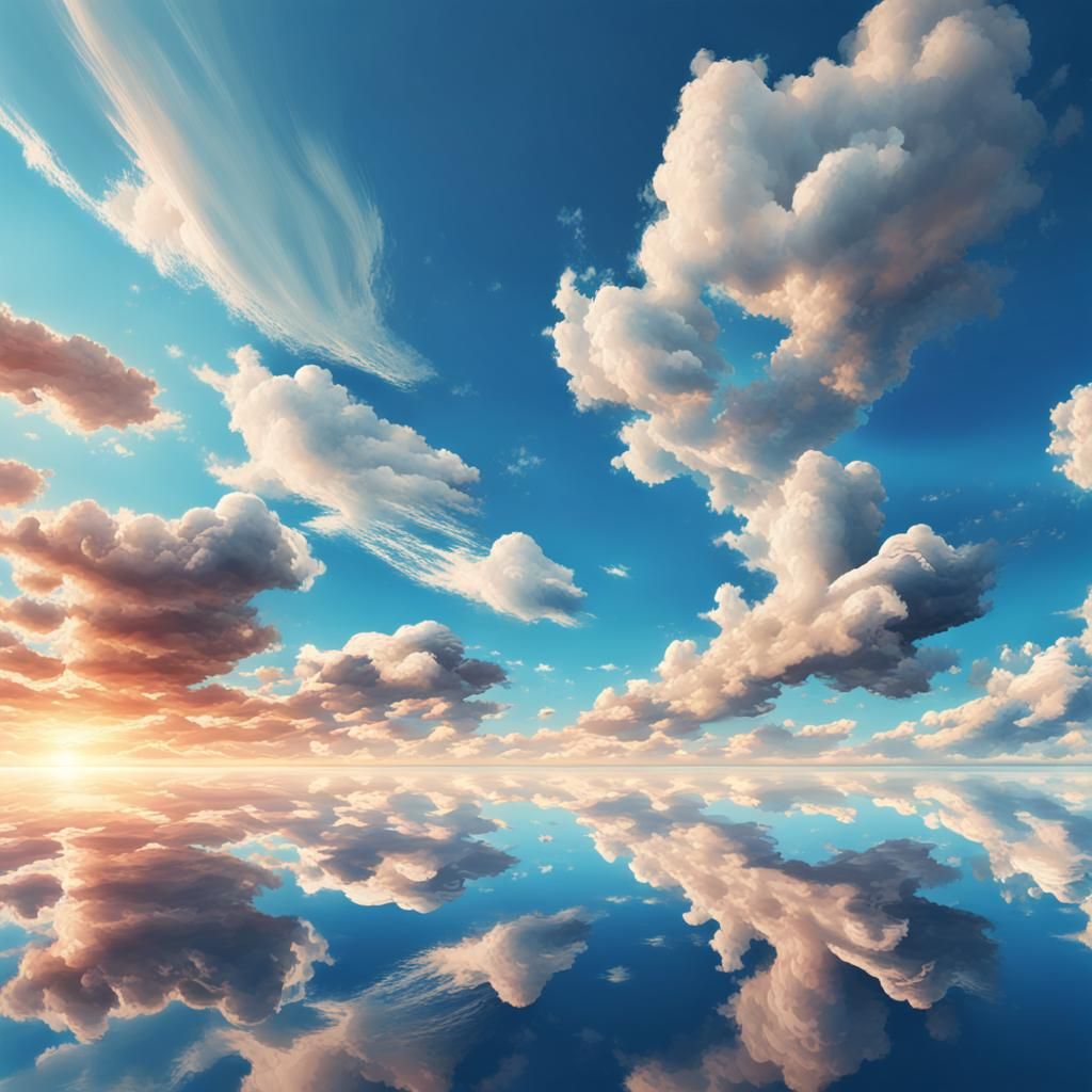 Infinite Sky Reflection in Hyperrealistic Splash Art