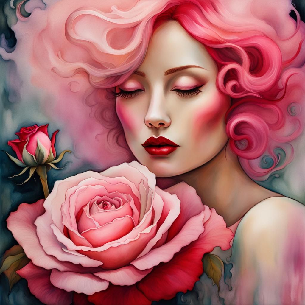Woman with Rose: Surreal Portrait in Alcohol Ink
