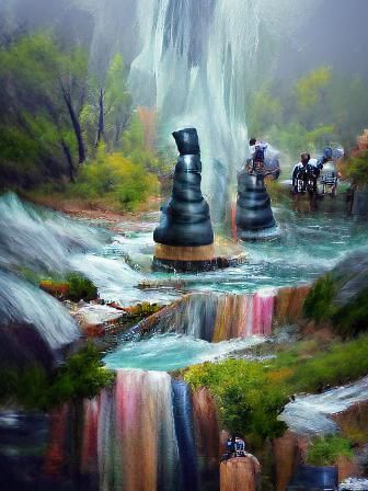 Chess Pieces Plunge Over Waterfall: Impressionistic Digital ...