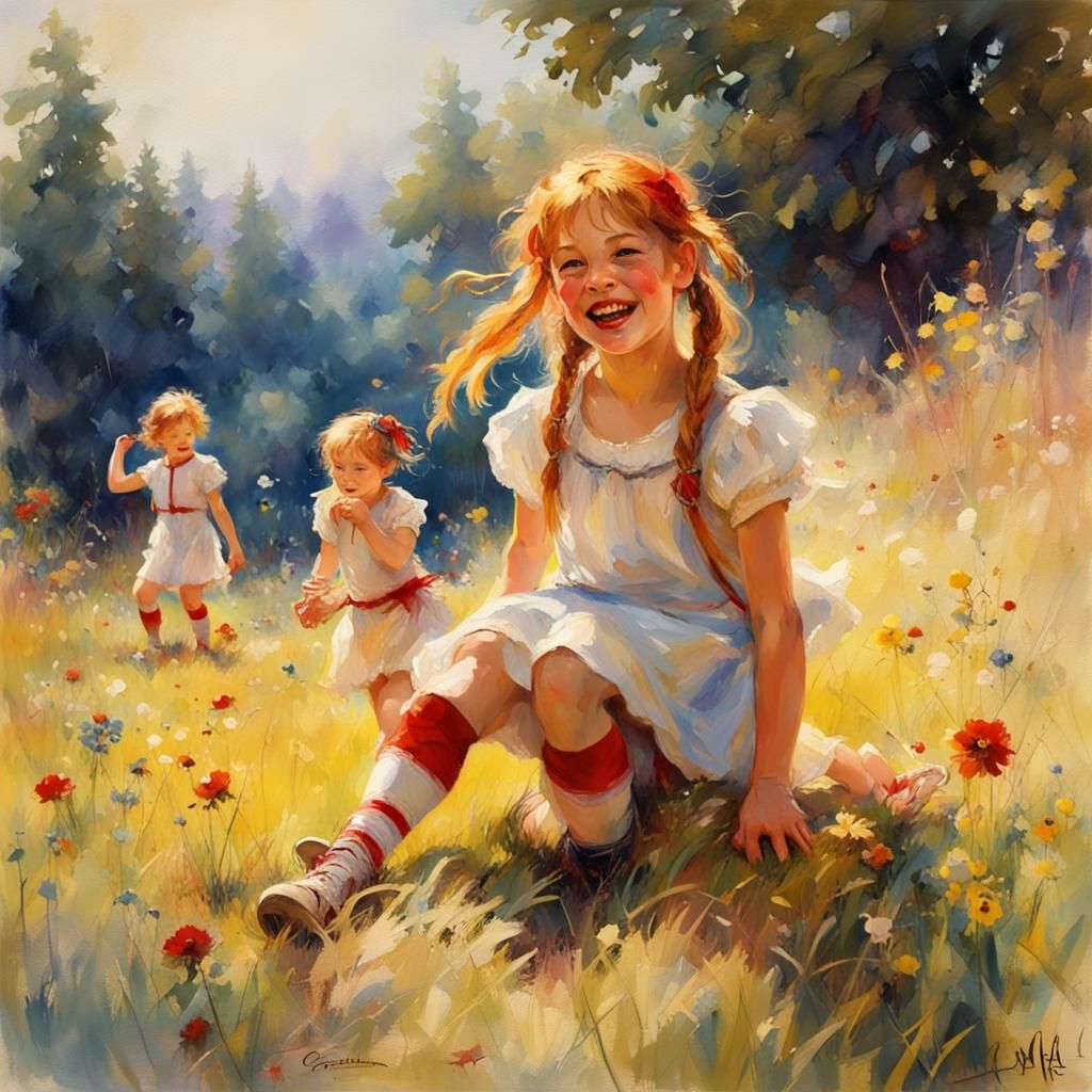 Girls Playing on Meadow in Watercolor Style