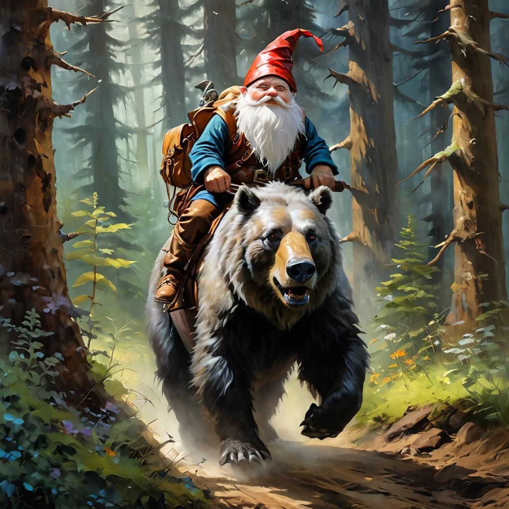 Gnome Rides Bear in Fantasy Impasto Painting