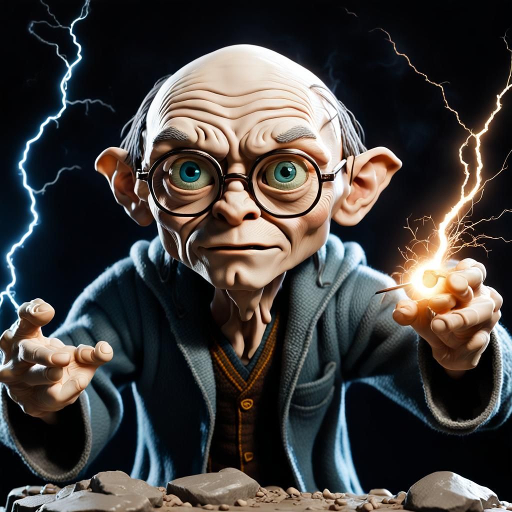 Imperfect character extreme 3d claymation caricature in iconic pop culture style, gollum dressed as Harry Potter, castin...