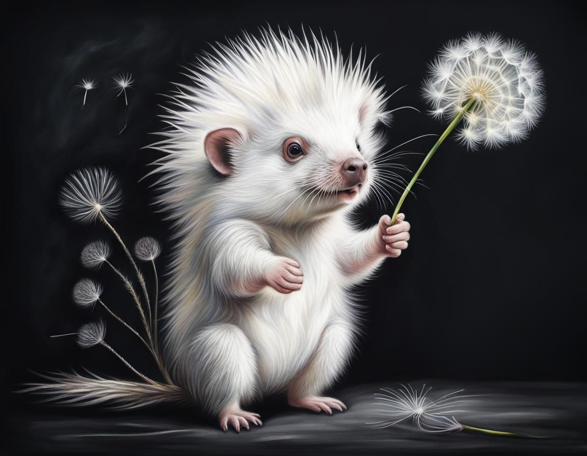 Chalk Art of a White Porcupine with Dandelion