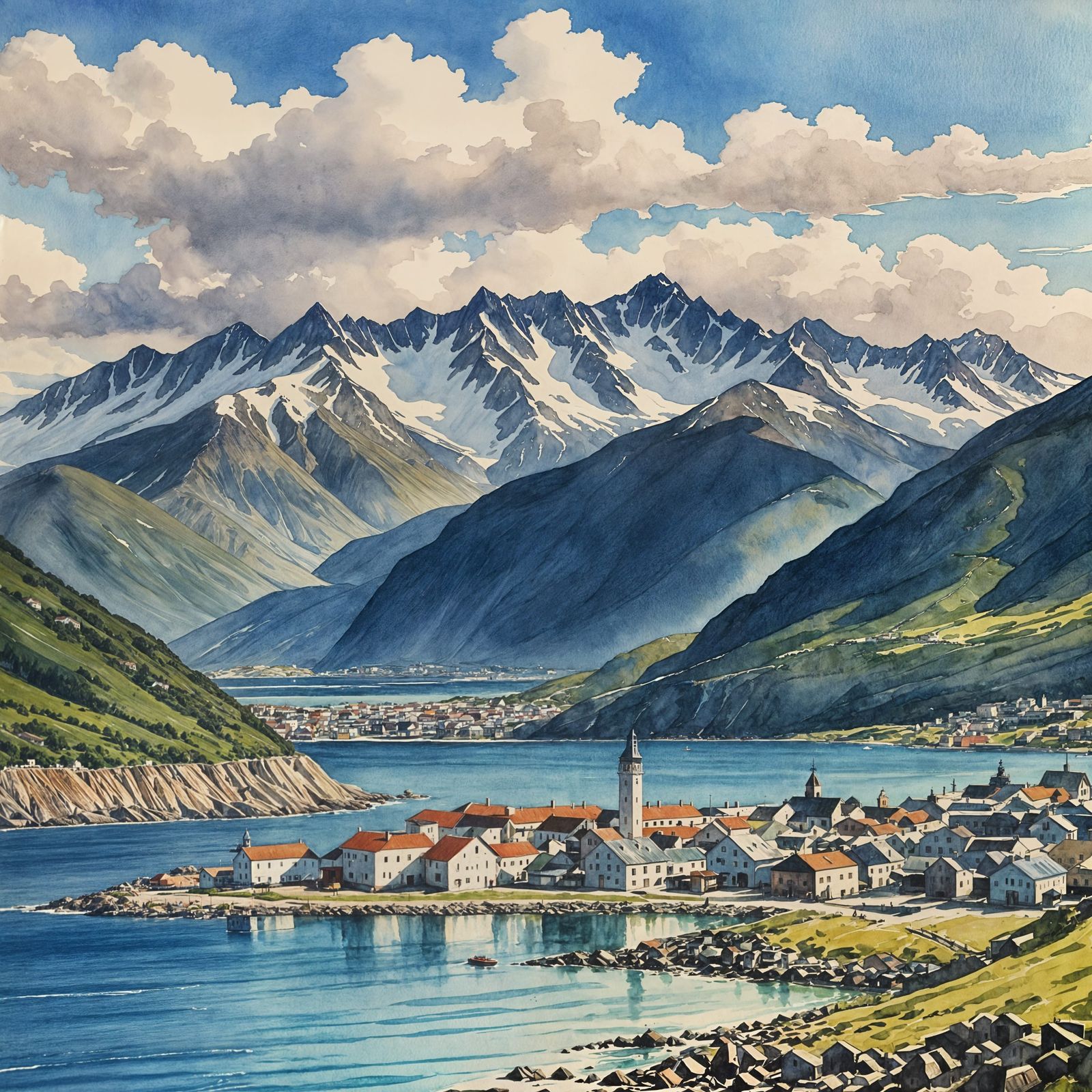 Vintage Watercolor Ushuaia Cityscape with Majestic Mountain ...