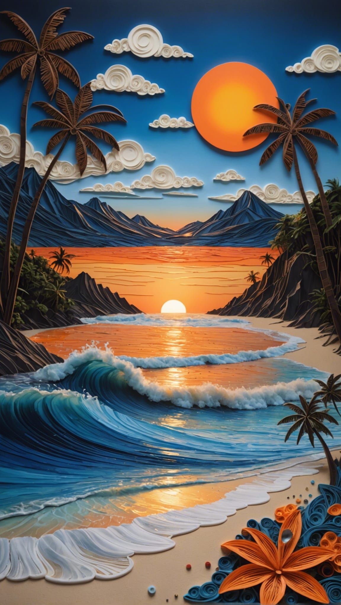 Tropical Sunset Quilling Art in Hyperrealistic Style