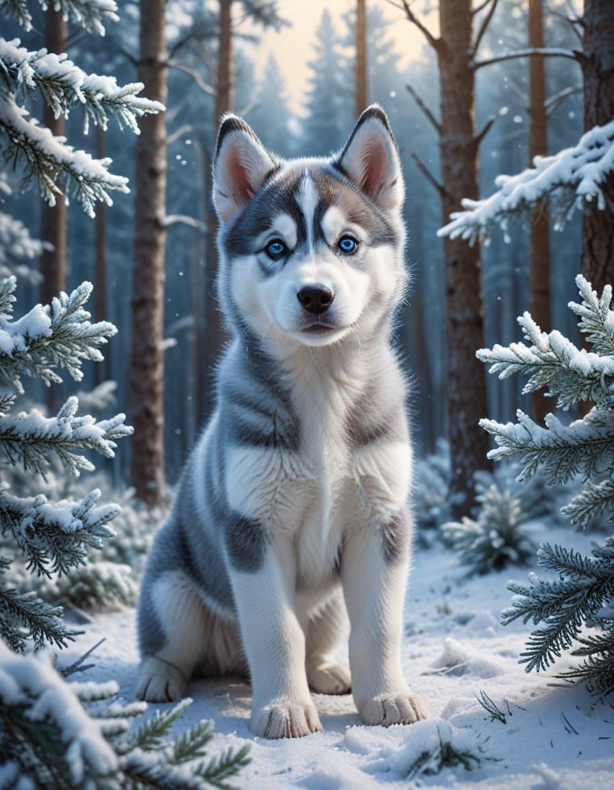 Husky Puppy in Snowy Winter Wonderland: Hyperrealistic Digit...