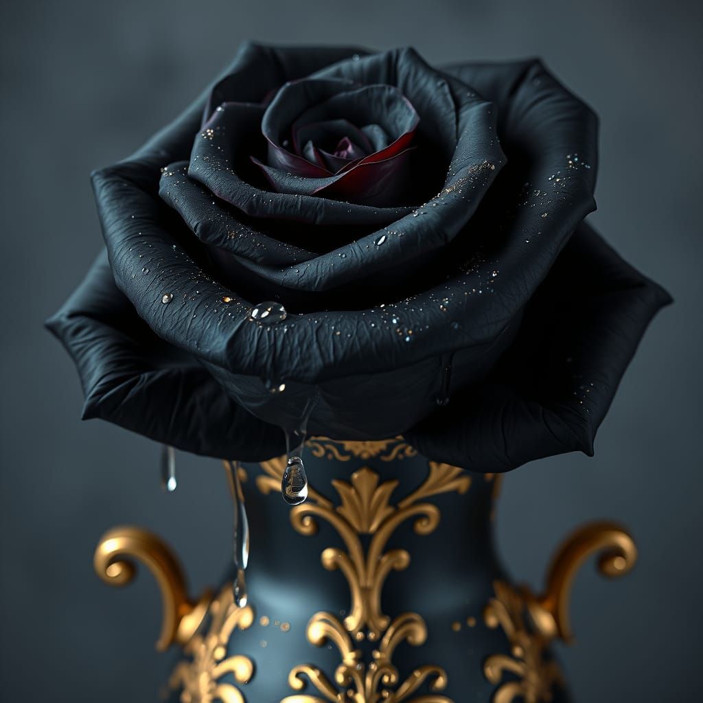 Black Rose with Raindrops in Gold Vase