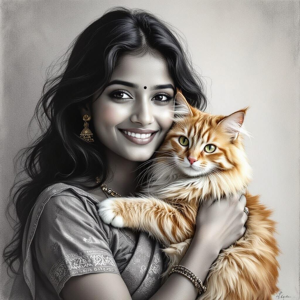 Pencil Portrait of Indian Lady Holding Cat