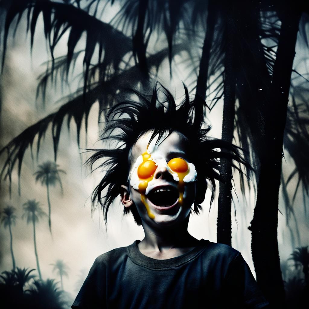 Surreal Portrait of Boy with Dripping Fried Eggs