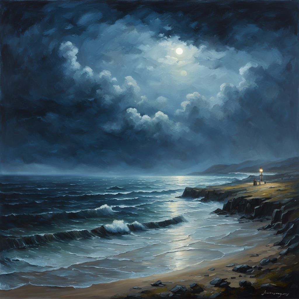 Moody Coast Scene at Dusk in Oil Painting Style