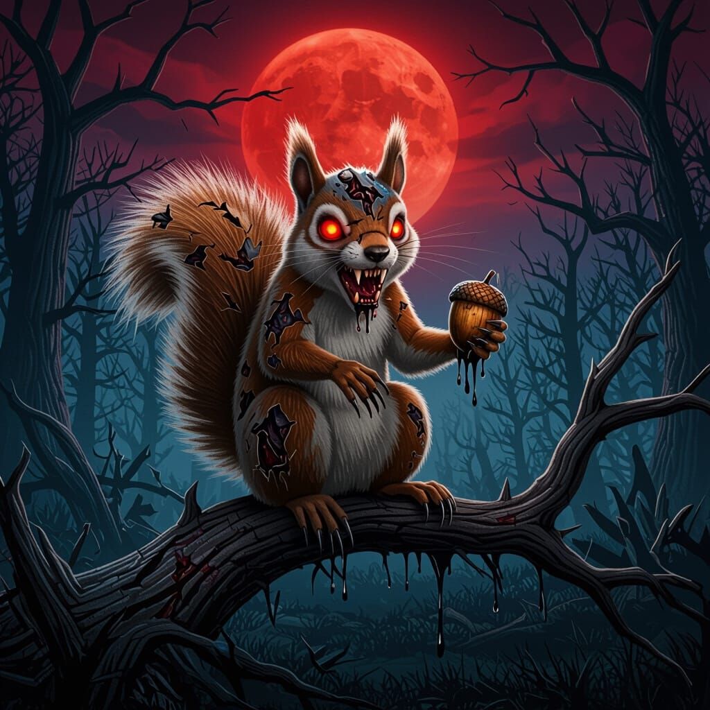 Horror Squirrel Under Blood Moon