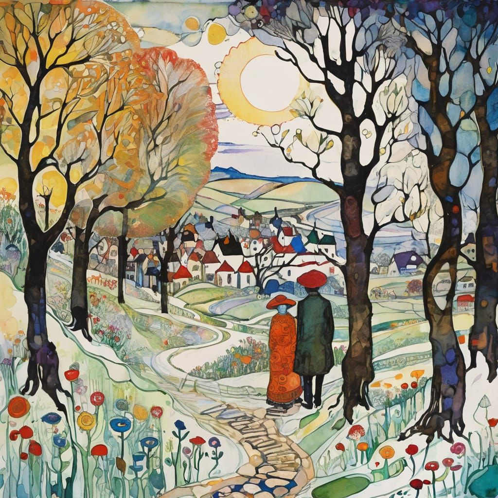 Whimsical Folk Art Landscape with Blooming Flowers