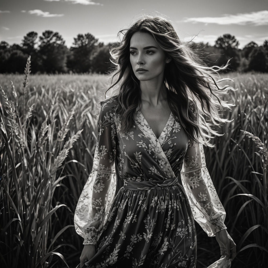 Elegant Woman in a Gust of Wind, in Monochrome Photography