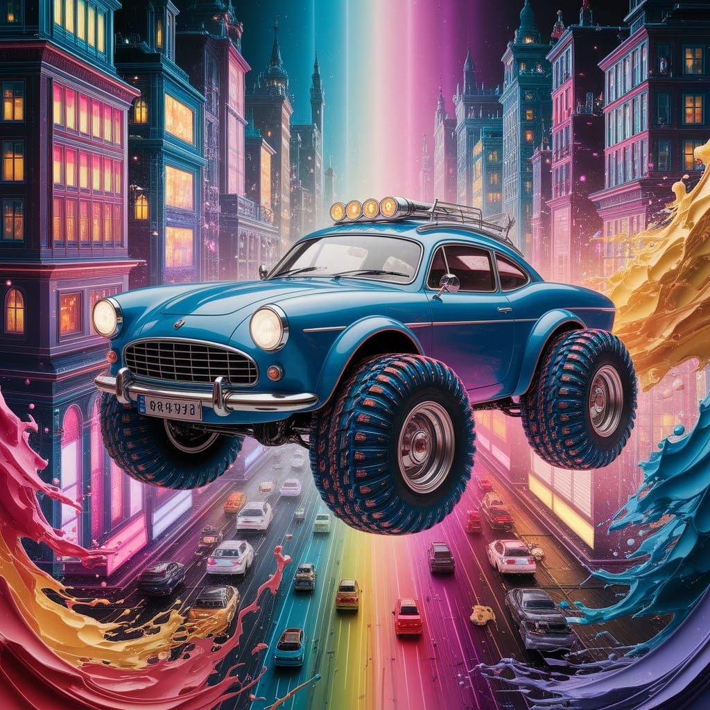 Cartoon Car Floats Over Neon City in Gouache Style