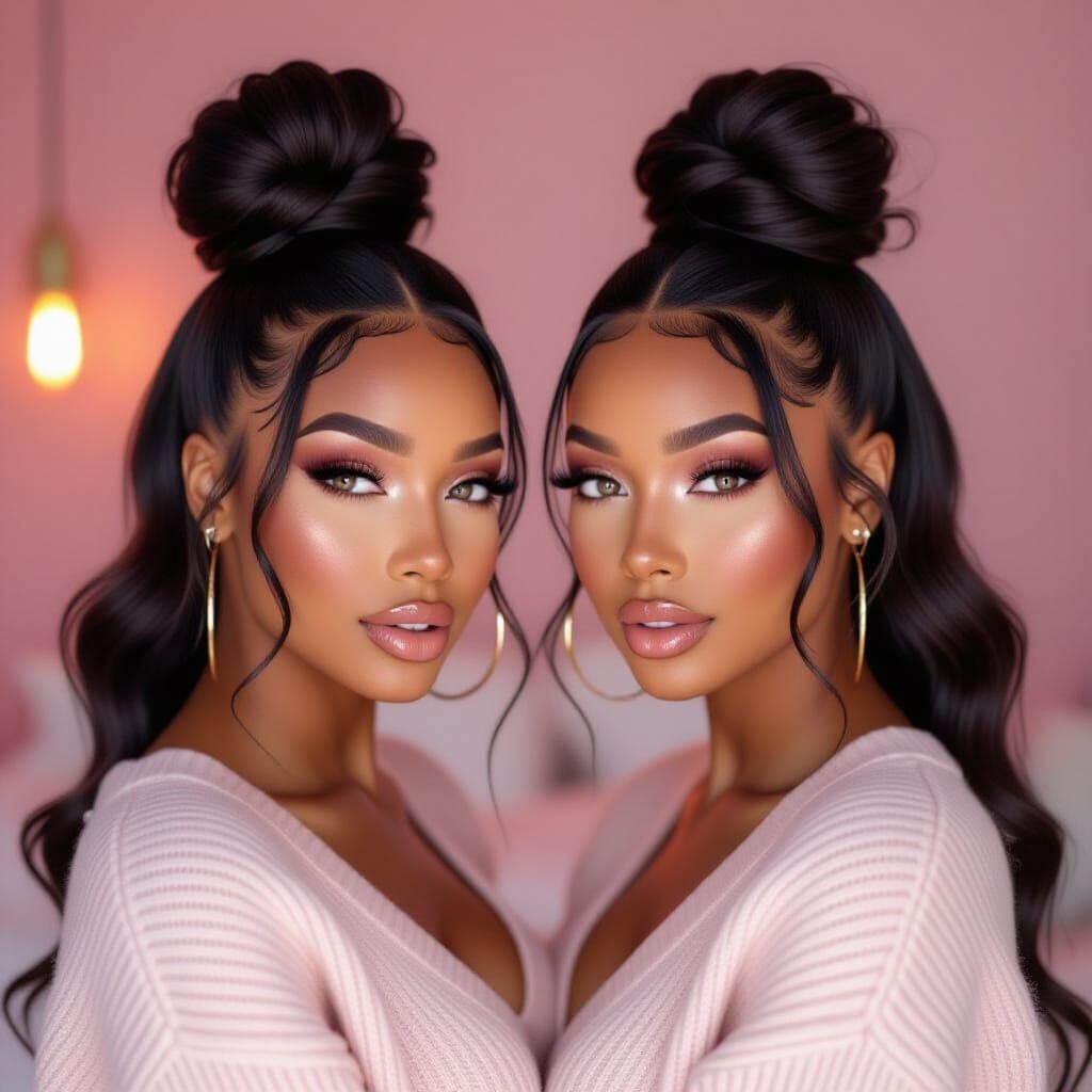 Beautiful Black Woman with Voluminous Puffs in Neon Studio